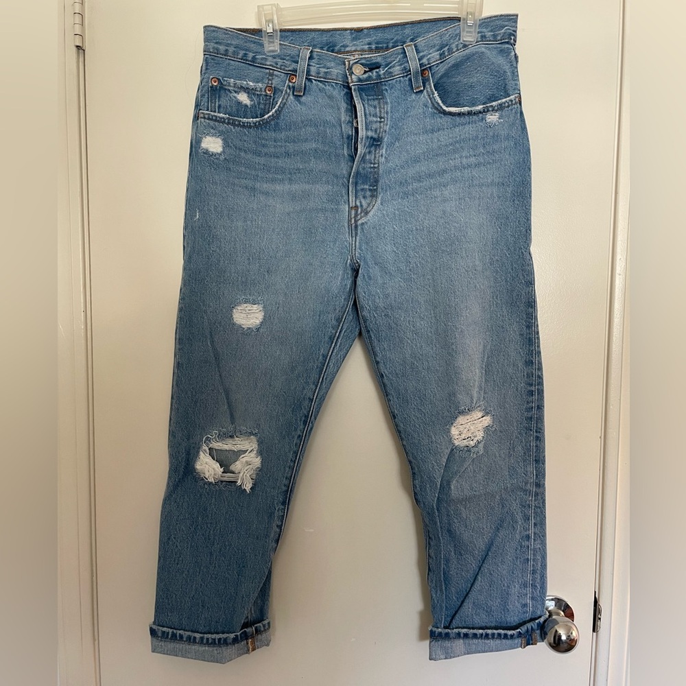 Levi's 501 Blue Relaxed Fit Jeans with Distressed Details 32x26